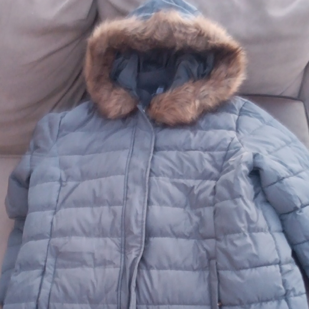 Time and Tru Blue Quilted Puffer Coat with Faux Fur Hood